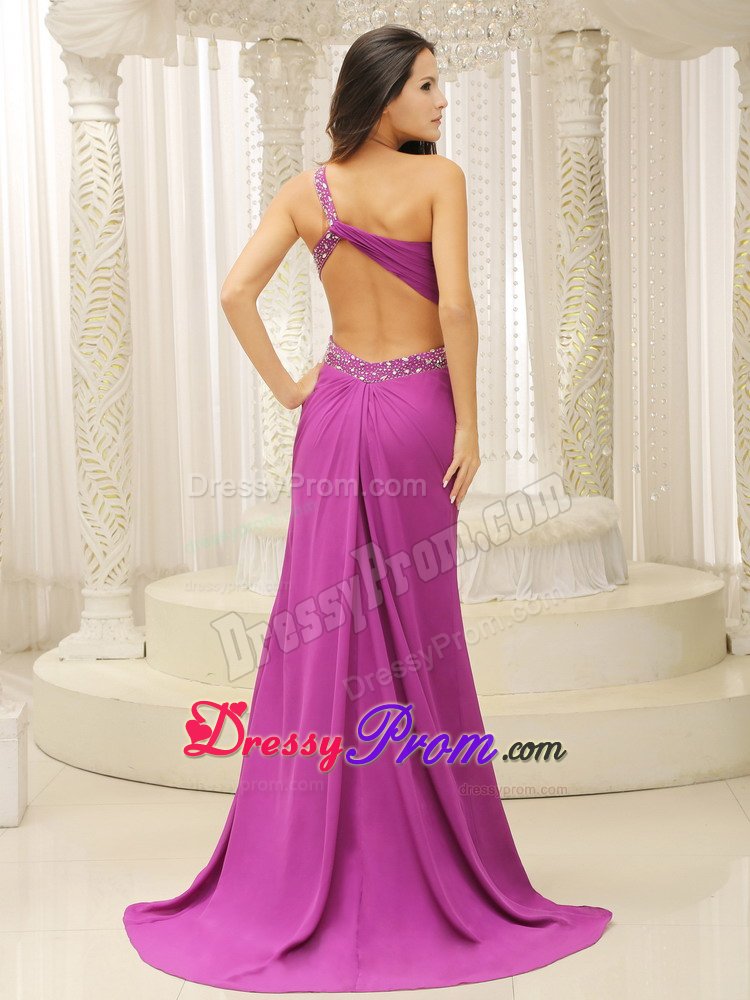 One Shoulder Fuchsia Brush Chiffon Prom Dress with Beadings