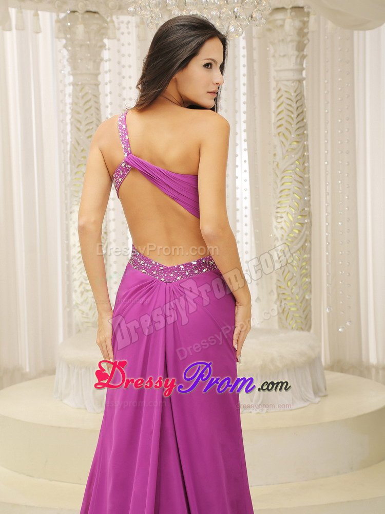 One Shoulder Fuchsia Brush Chiffon Prom Dress with Beadings