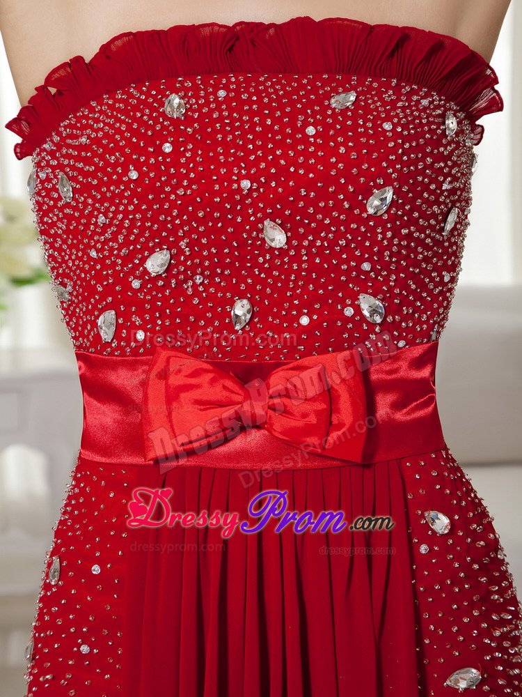 Strapless Wine Red Brush Train Chiffon Bow Prom Dress Beaded