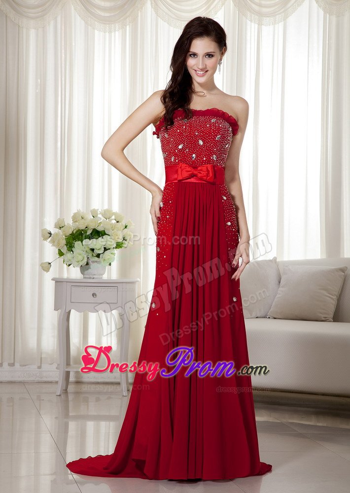 Strapless Wine Red Brush Train Chiffon Bow Prom Dress Beaded