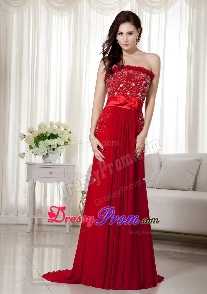 Strapless Wine Red Brush Train Chiffon Bow Prom Dress Beaded
