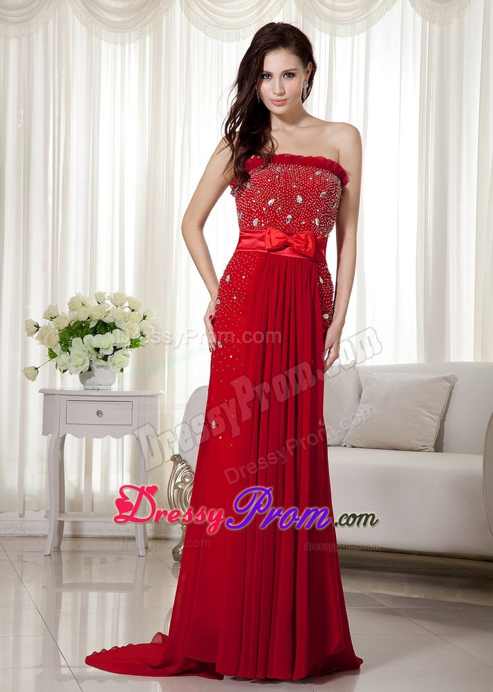 Strapless Wine Red Brush Train Chiffon Bow Prom Dress Beaded