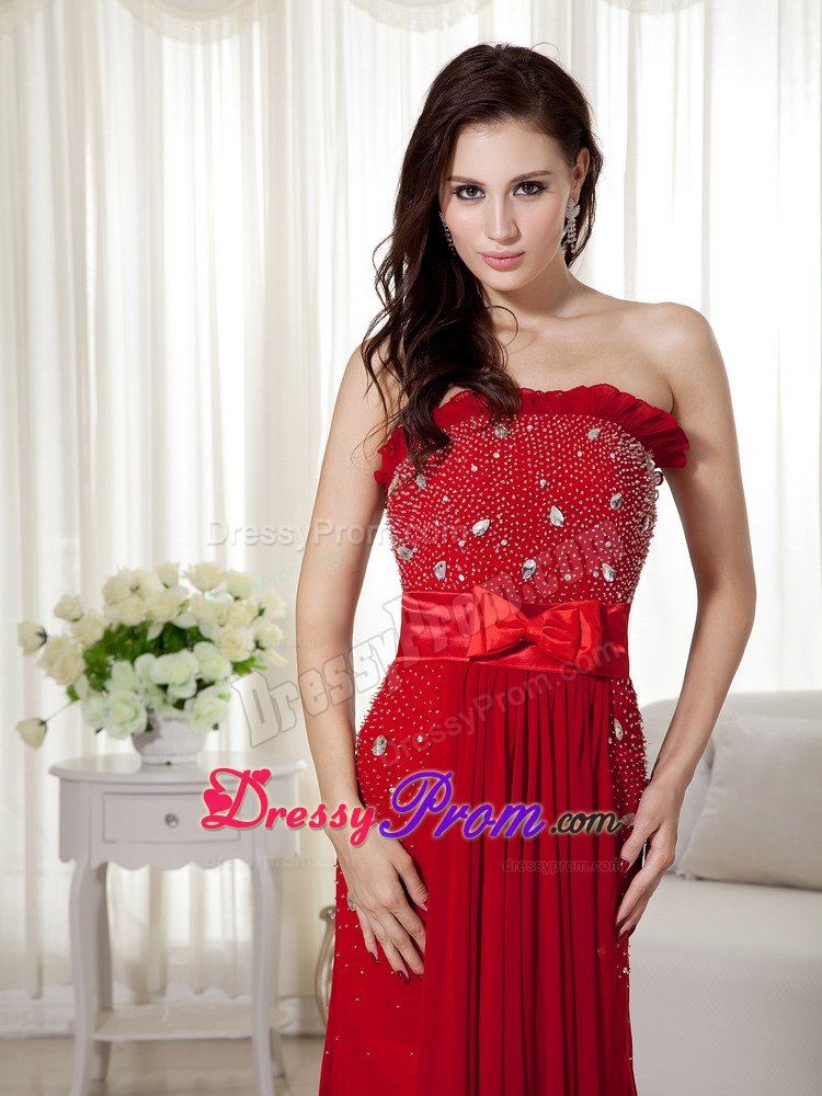 Strapless Wine Red Brush Train Chiffon Bow Prom Dress Beaded