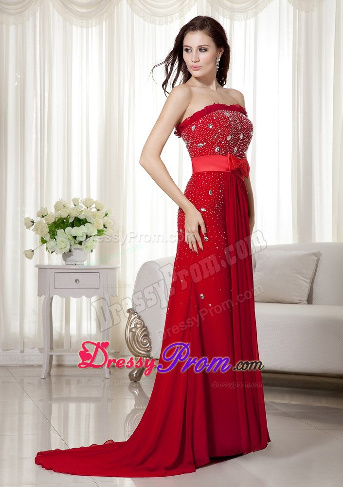 Strapless Wine Red Brush Train Chiffon Bow Prom Dress Beaded