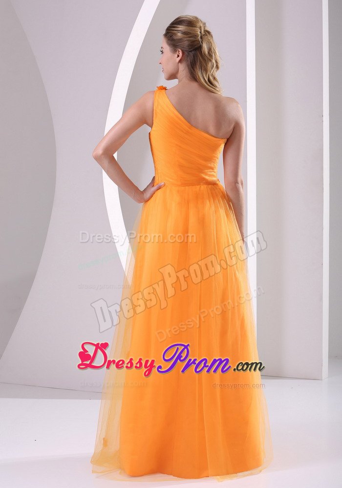 Tulle Orange One Shoulder Prom Evening Dress with Hand Flower