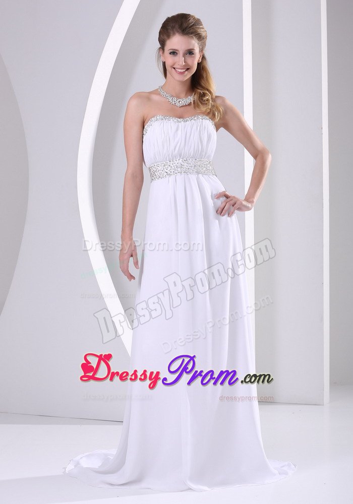 White Beaded Sweep Train Chiffon Prom Formal Dress under 150