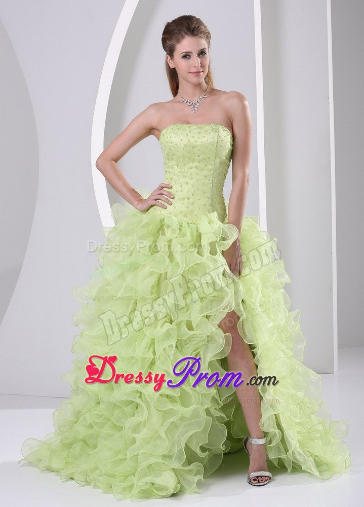 Yellow Green Organza High Slit Beaded Prom Dresses Ruffled