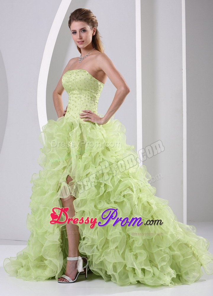 Yellow Green Organza High Slit Beaded Prom Dresses Ruffled