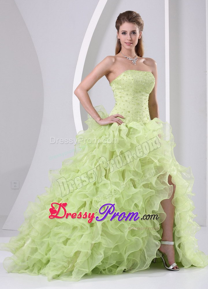 Yellow Green Organza High Slit Beaded Prom Dresses Ruffled