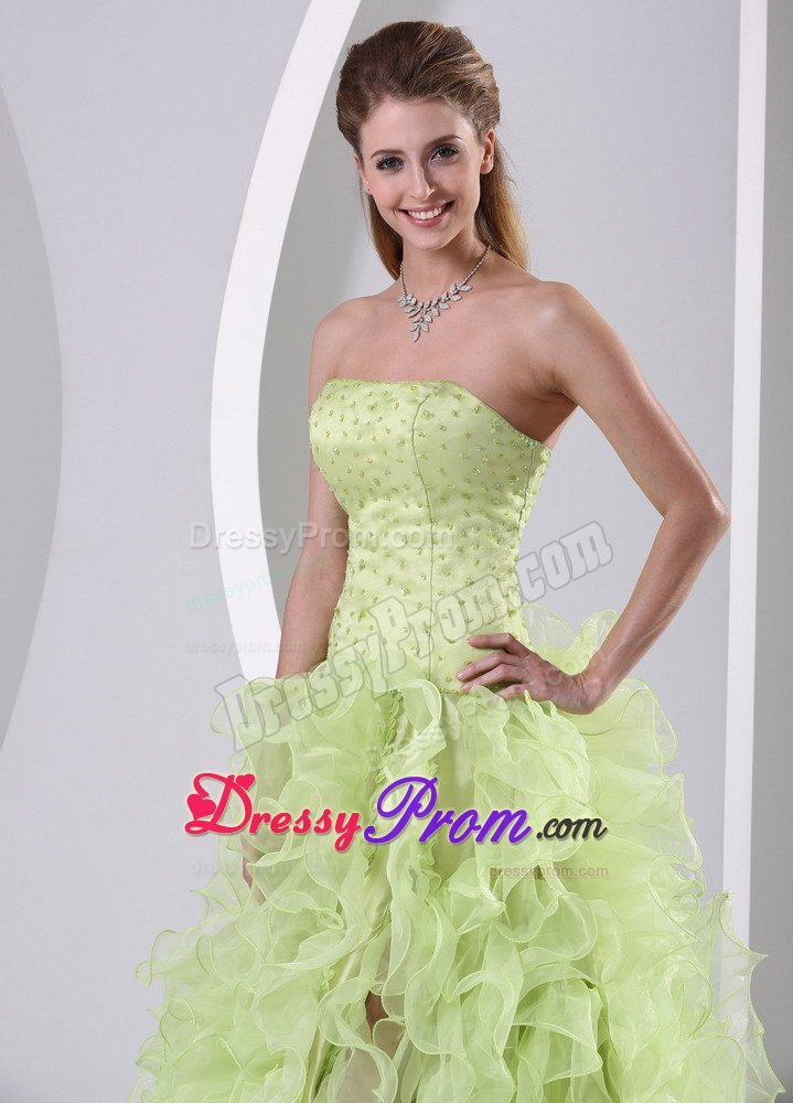 Yellow Green Organza High Slit Beaded Prom Dresses Ruffled