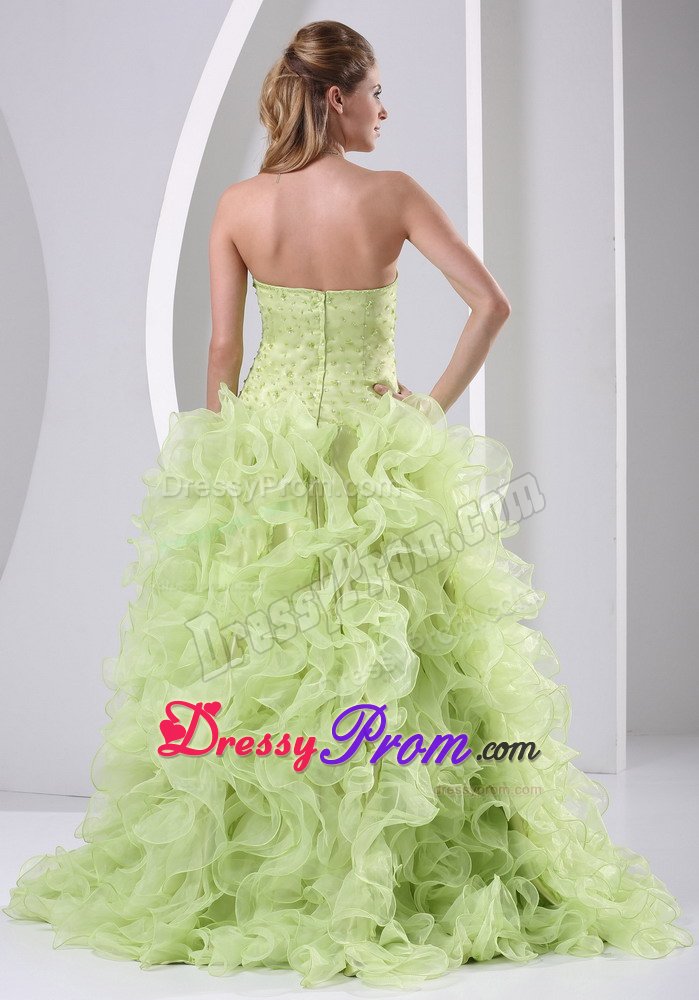 Yellow Green Organza High Slit Beaded Prom Dresses Ruffled