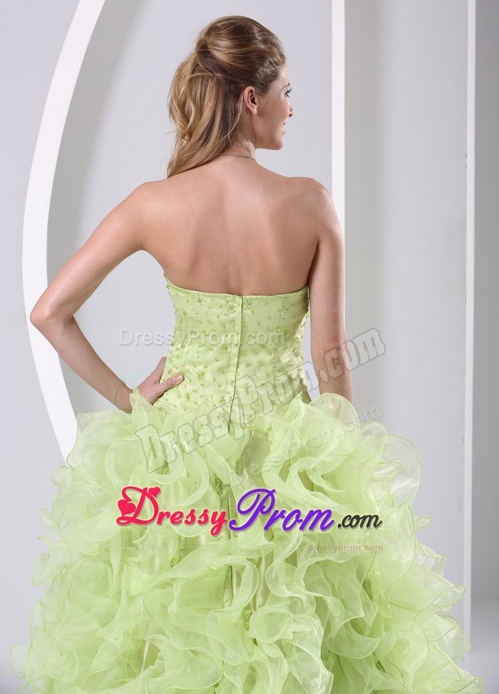 Yellow Green Organza High Slit Beaded Prom Dresses Ruffled