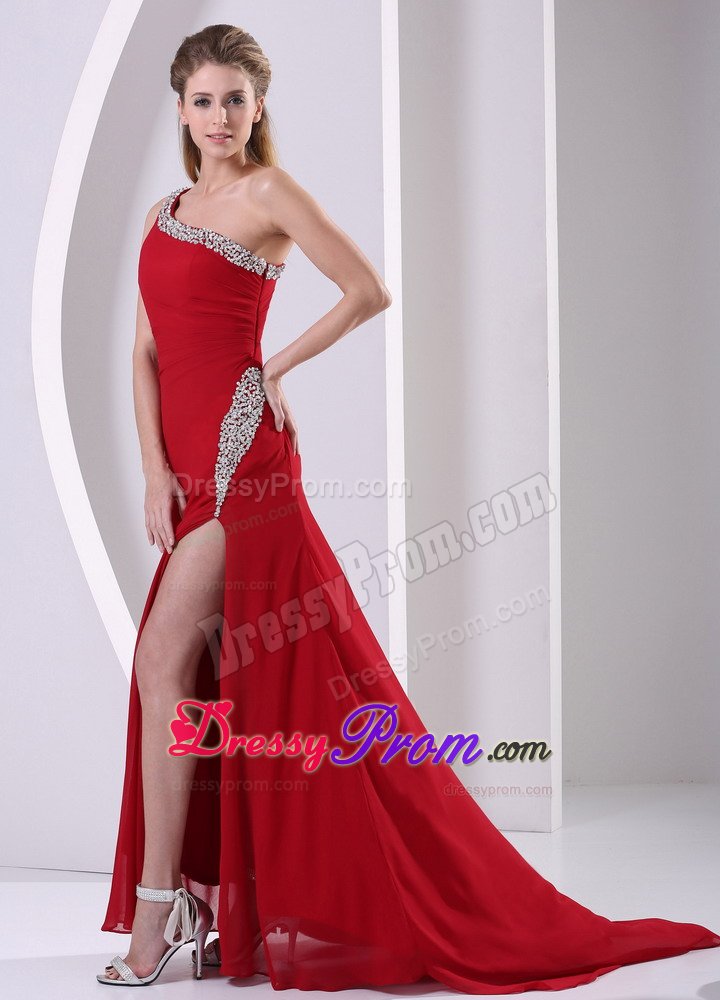 High Slit Beaded One Shoulder Chiffon Prom Dress in Wine Red