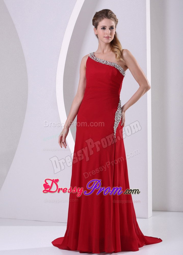 High Slit Beaded One Shoulder Chiffon Prom Dress in Wine Red