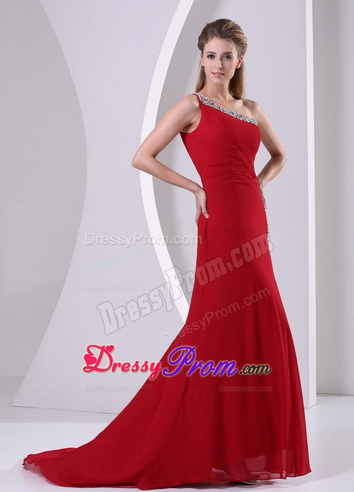 High Slit Beaded One Shoulder Chiffon Prom Dress in Wine Red