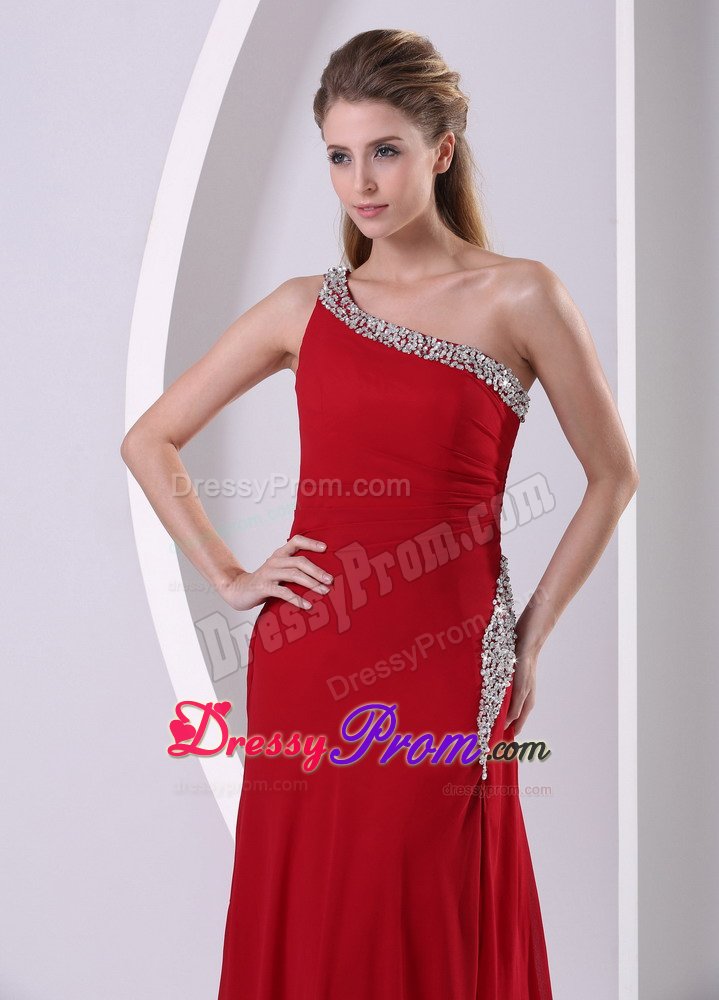 High Slit Beaded One Shoulder Chiffon Prom Dress in Wine Red