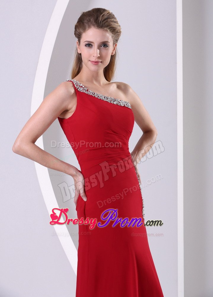 High Slit Beaded One Shoulder Chiffon Prom Dress in Wine Red