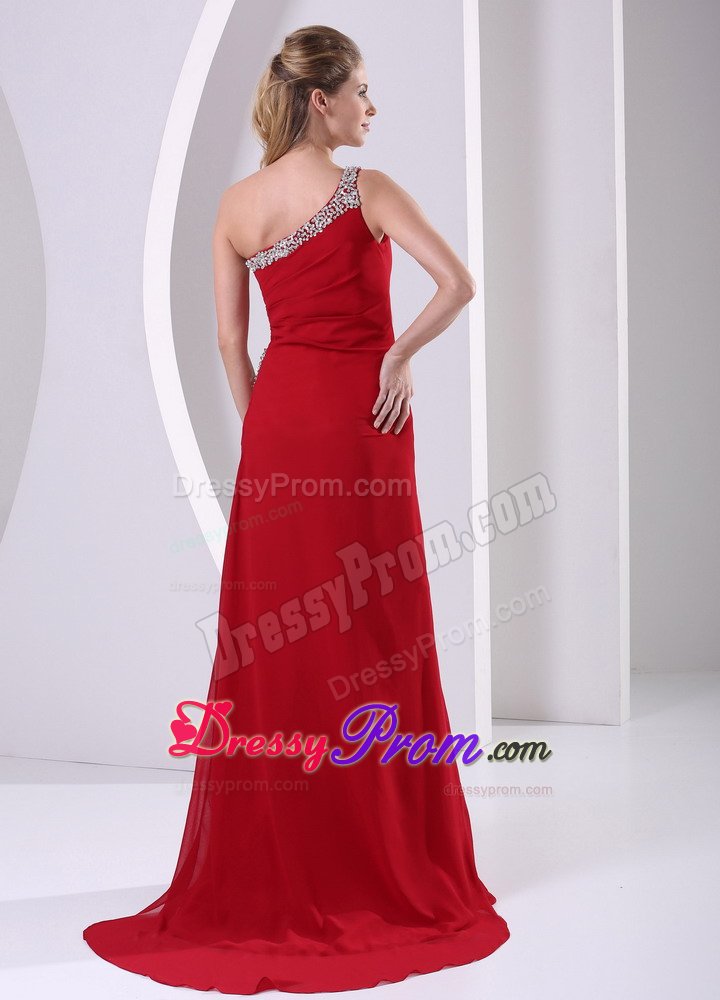 High Slit Beaded One Shoulder Chiffon Prom Dress in Wine Red
