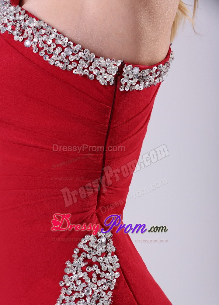 High Slit Beaded One Shoulder Chiffon Prom Dress in Wine Red