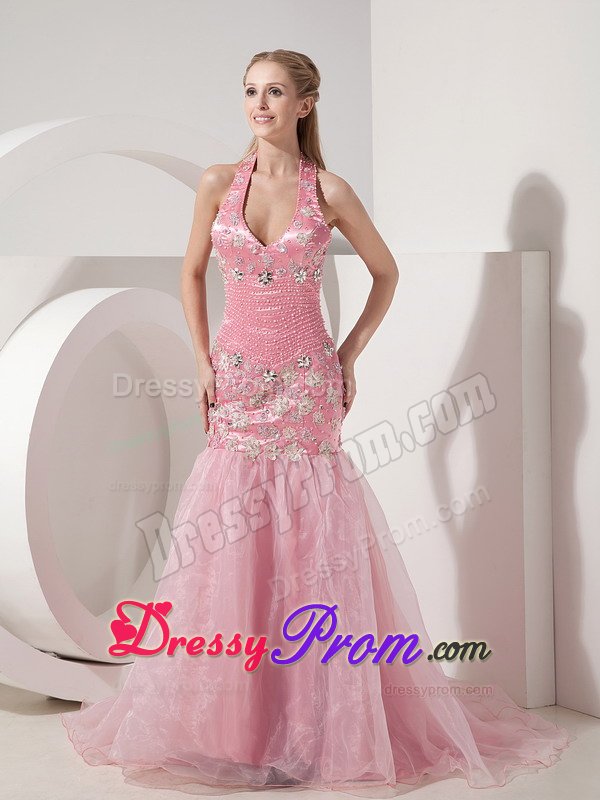 Mermaid Baby Pink Halter Brush Appliques Prom Gown Beaded