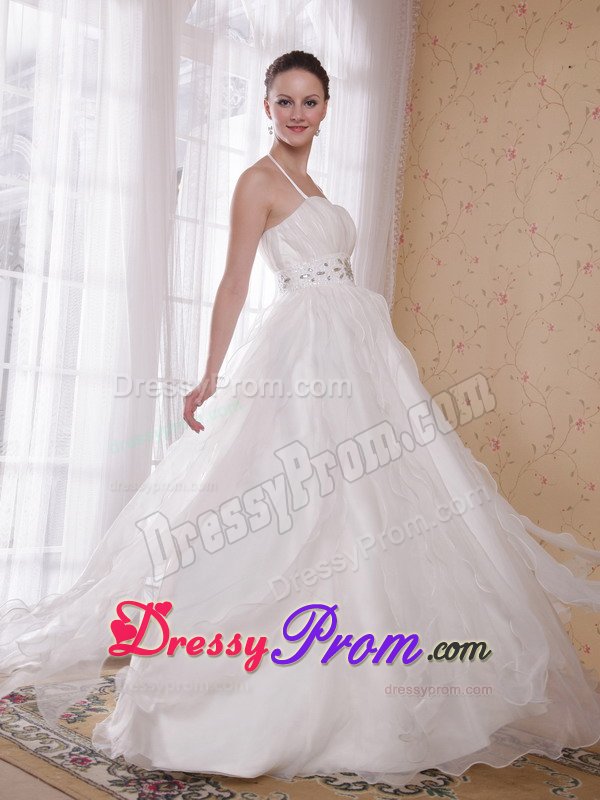 Halter White Brush Train Rhinestones Prom Dress under 200