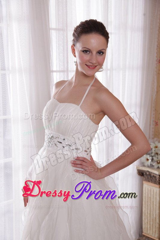 Halter White Brush Train Rhinestones Prom Dress under 200