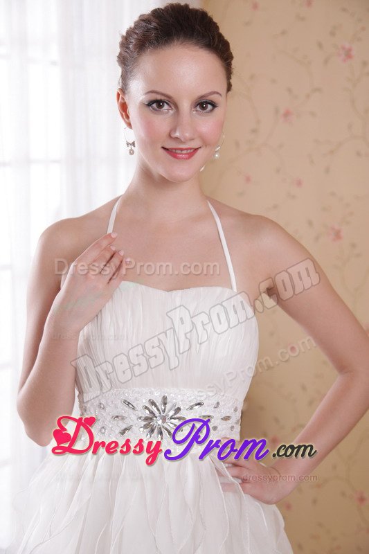 Halter White Brush Train Rhinestones Prom Dress under 200