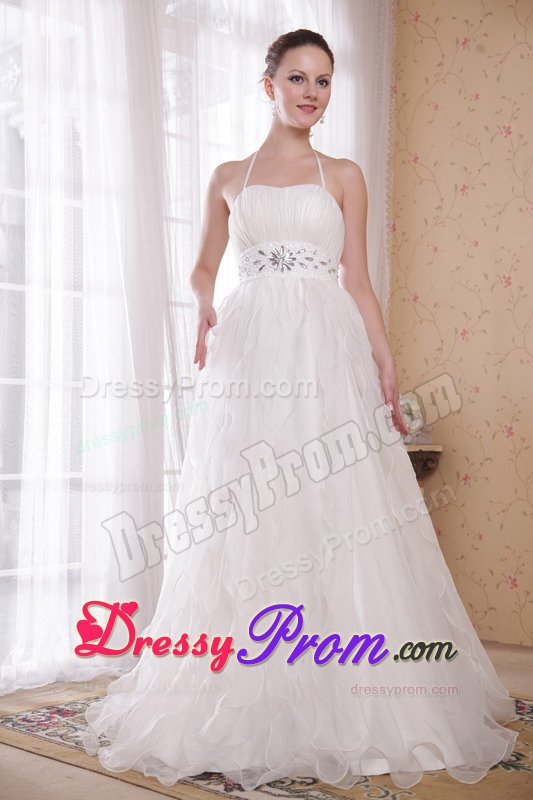 Halter White Brush Train Rhinestones Prom Dress under 200