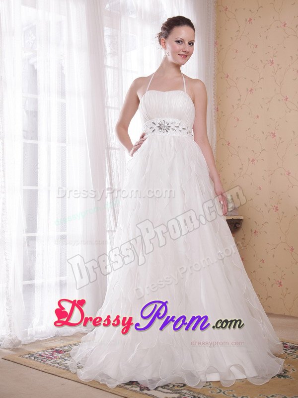 Halter White Brush Train Rhinestones Prom Dress under 200