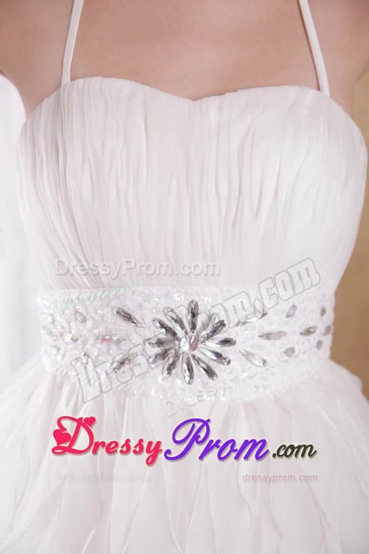Halter White Brush Train Rhinestones Prom Dress under 200