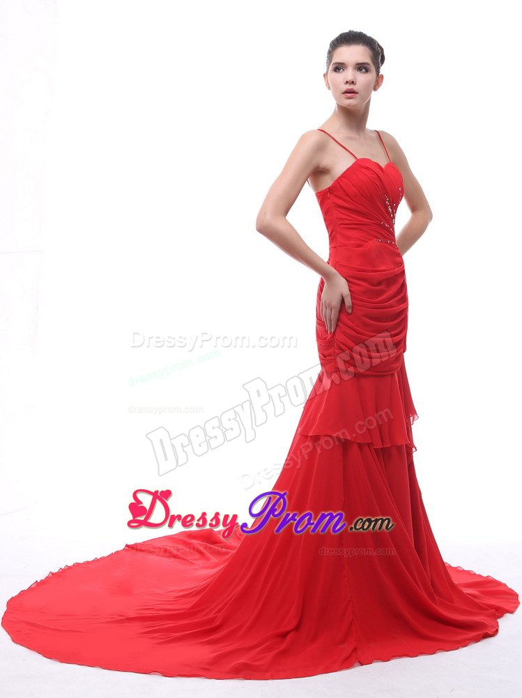 Beaded Spaghetti Straps Court Train Red Ruched Prom Dress