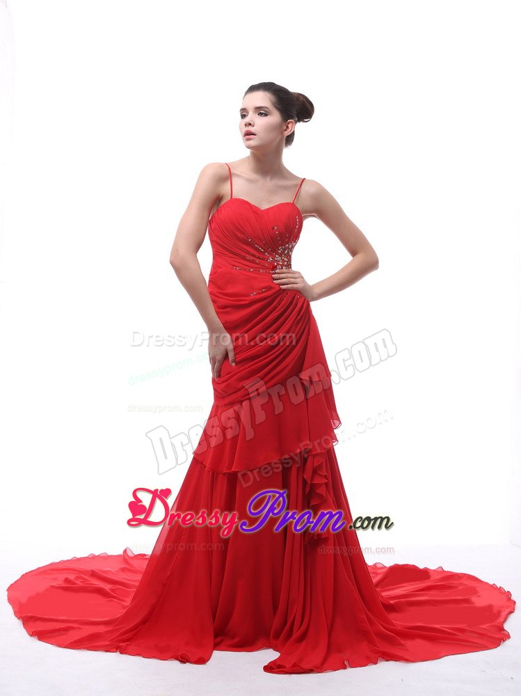 Beaded Spaghetti Straps Court Train Red Ruched Prom Dress