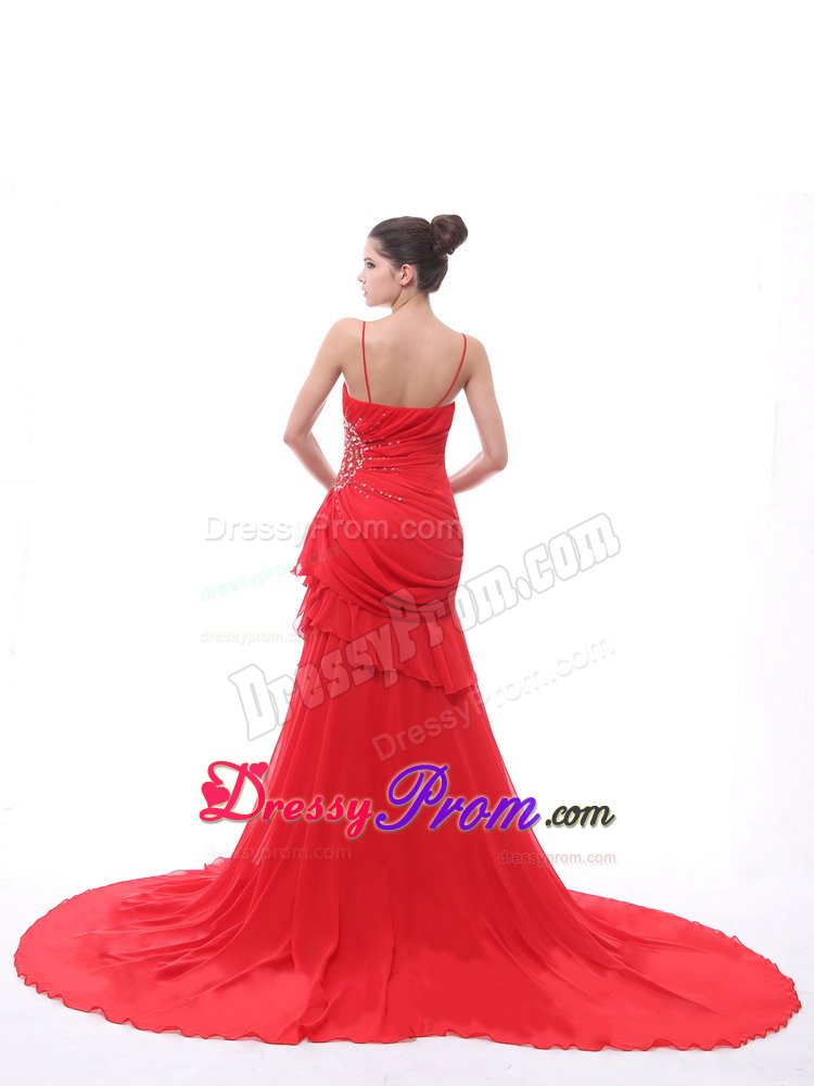 Beaded Spaghetti Straps Court Train Red Ruched Prom Dress