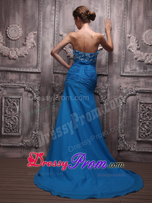 Blue Column Brush Chiffon Appliques Prom Dress with Ruching