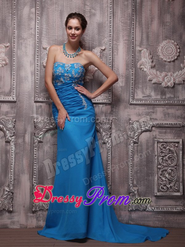 Blue Column Brush Chiffon Appliques Prom Dress with Ruching