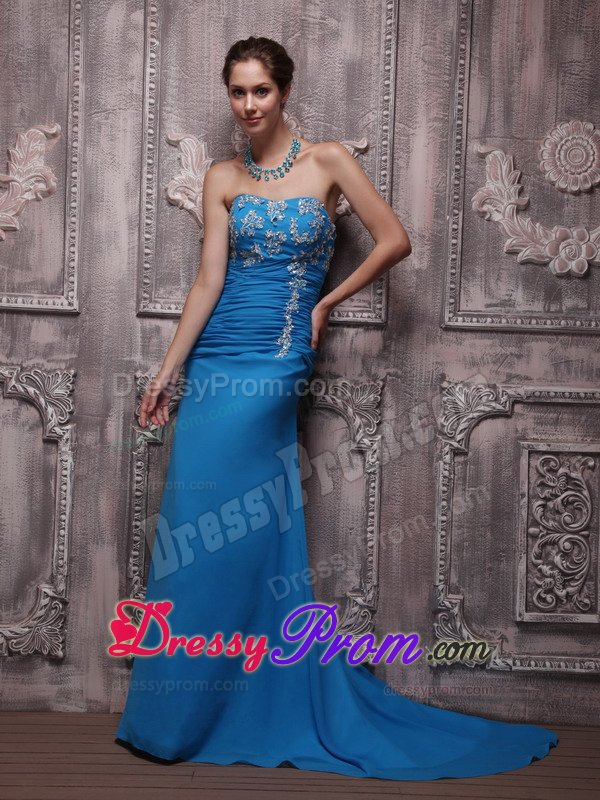 Blue Column Brush Chiffon Appliques Prom Dress with Ruching
