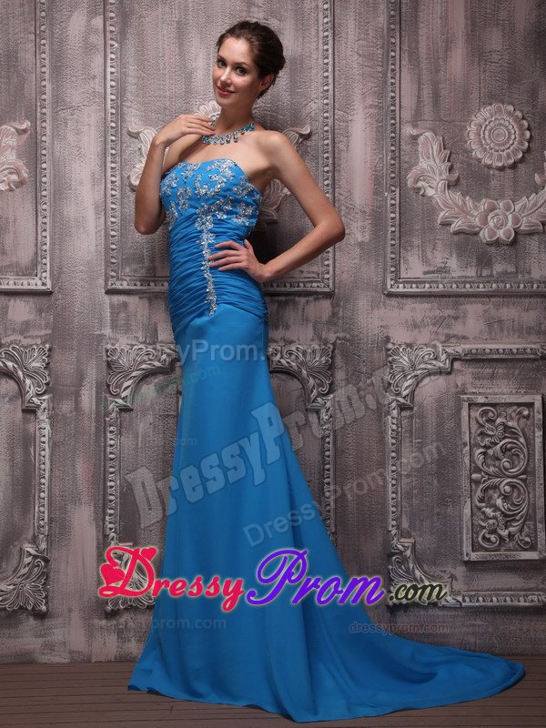 Blue Column Brush Chiffon Appliques Prom Dress with Ruching