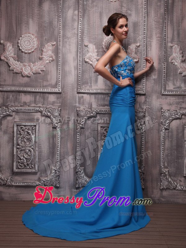 Blue Column Brush Chiffon Appliques Prom Dress with Ruching