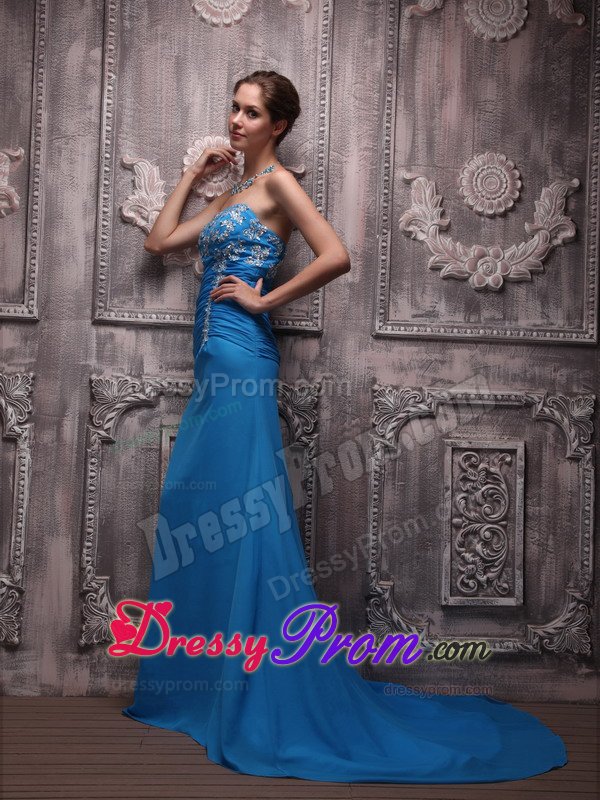 Blue Column Brush Chiffon Appliques Prom Dress with Ruching
