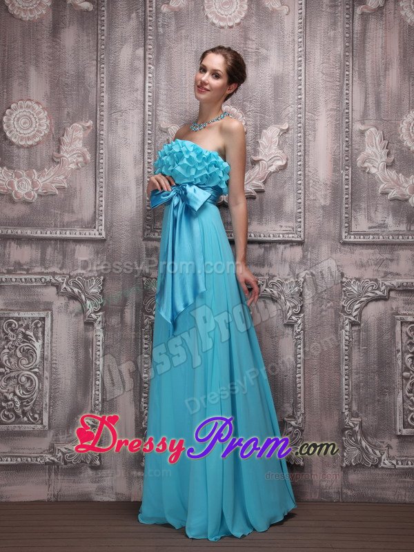 Chic Ruffled Strapless Chiffon Bowknot Prom Gown in Aqua Blue
