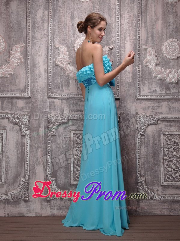 Chic Ruffled Strapless Chiffon Bowknot Prom Gown in Aqua Blue