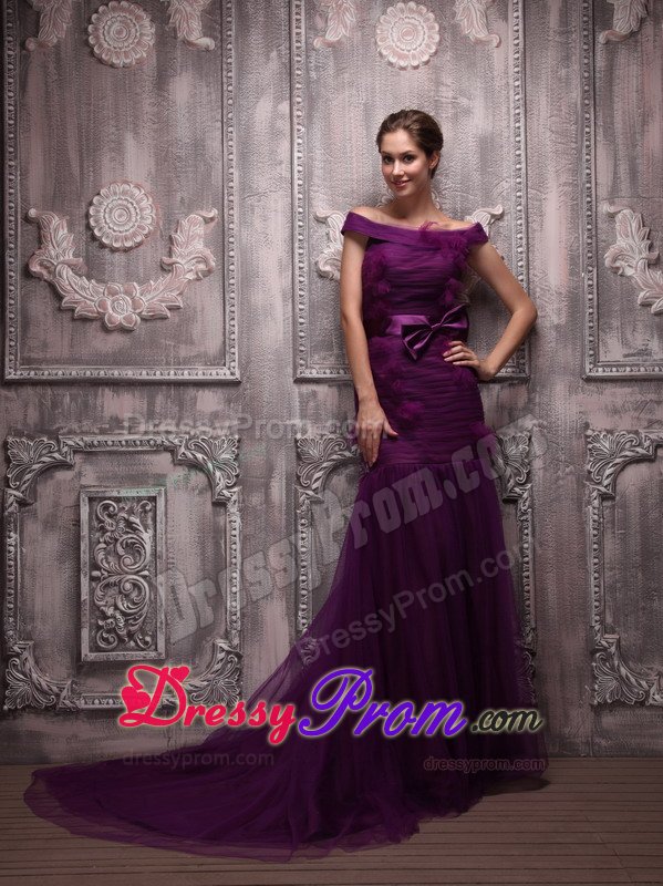 Off The Shoulder Purple Mermaid Tulle Prom Dress with Bowknot