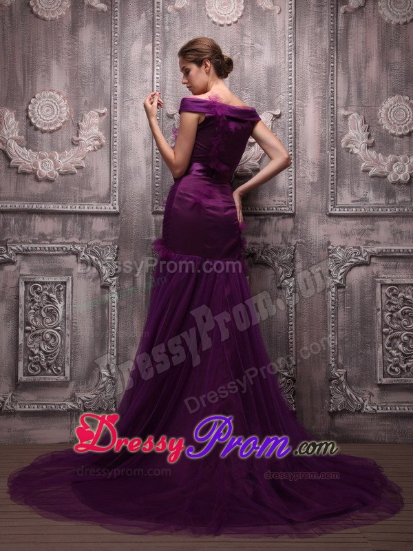 Off The Shoulder Purple Mermaid Tulle Prom Dress with Bowknot