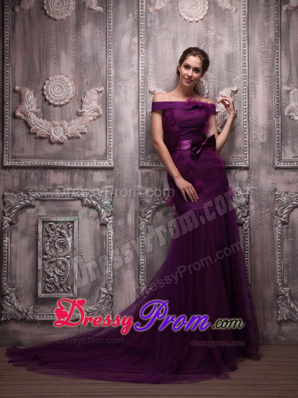 Off The Shoulder Purple Mermaid Tulle Prom Dress with Bowknot