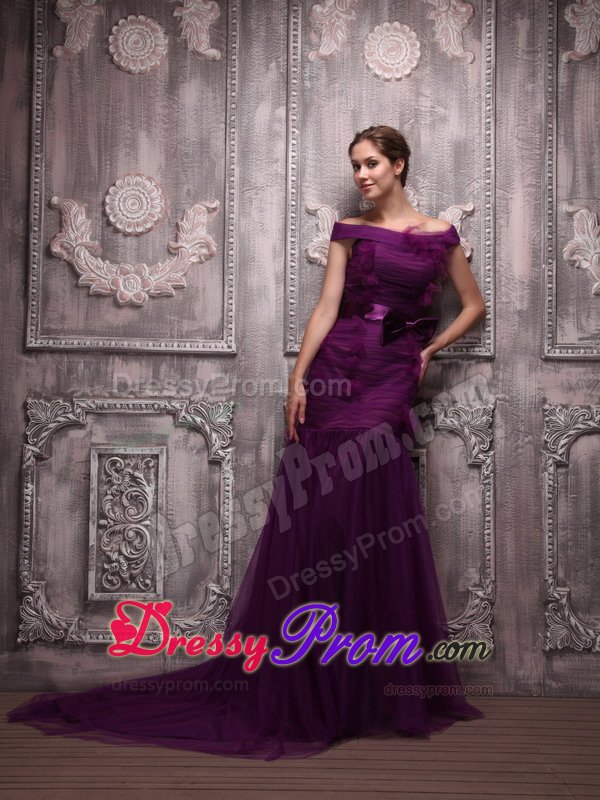Off The Shoulder Purple Mermaid Tulle Prom Dress with Bowknot