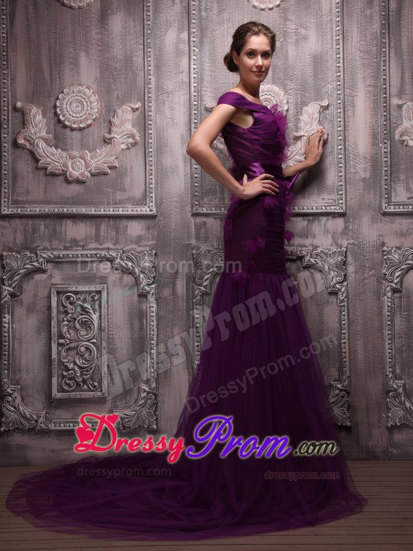Off The Shoulder Purple Mermaid Tulle Prom Dress with Bowknot