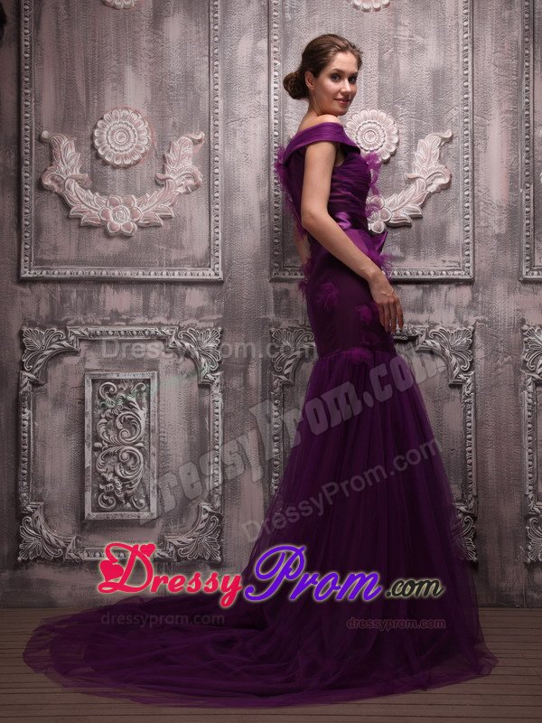 Off The Shoulder Purple Mermaid Tulle Prom Dress with Bowknot