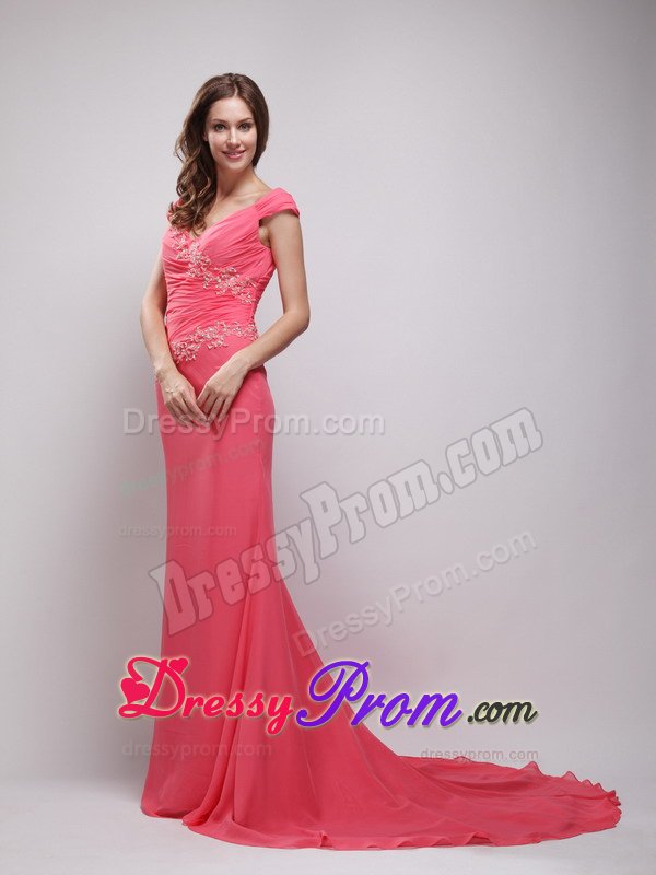 2013 Chiffon V-neck Coral Red Brush Prom Dress with Appliques