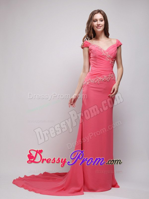 2013 Chiffon V-neck Coral Red Brush Prom Dress with Appliques
