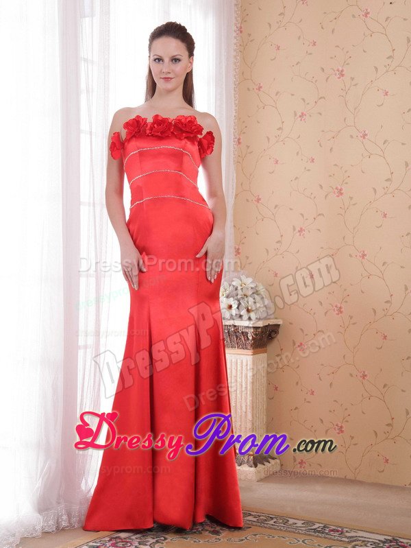 Satin Red Strapless Mermaid Prom Gown with Hand Made Flower